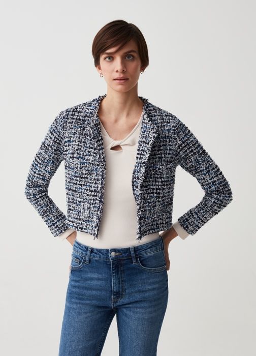 Cardigan - OVS - Effiloché - Tweed - Blanc/Bleu - Détails en lurex