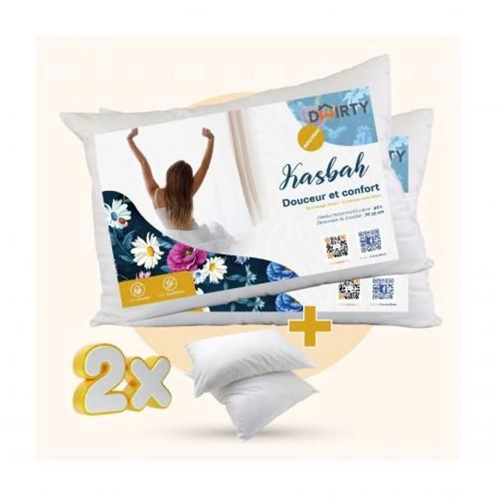 Pack de 2 Oreillers Microfibre - DWIRTY - KASBAH - 45x70cm - 700g - 2 Taies Blanches Offertes