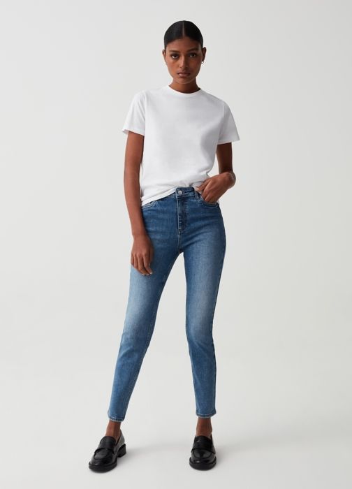 Jean skinny - OVS - Delavé moyen - Coton mélangé stretch - Cinq poches - Taille standard