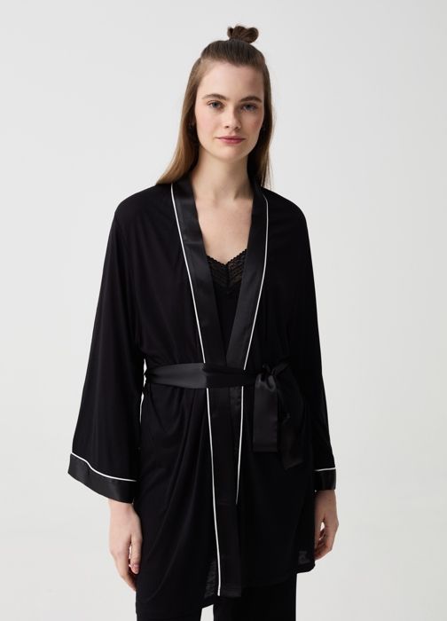 Robe de chambre en viscose avec passepoil contrasté- Noir