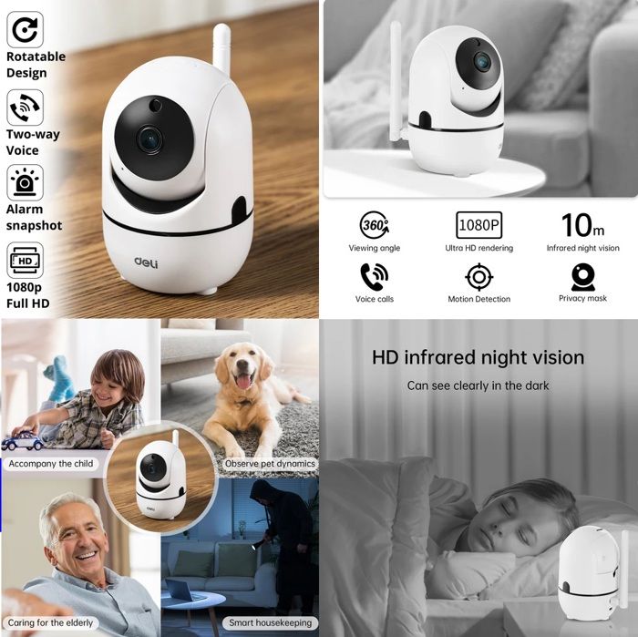 Deli Camera surveillance IP Wifi Full HD Rotation 360° S104 support Sd Cloud