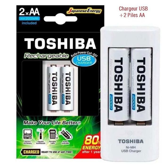 Toshiba Chargeur Puissant 2000mah de batterie rechargeable AA et AAA + 2 piles AA