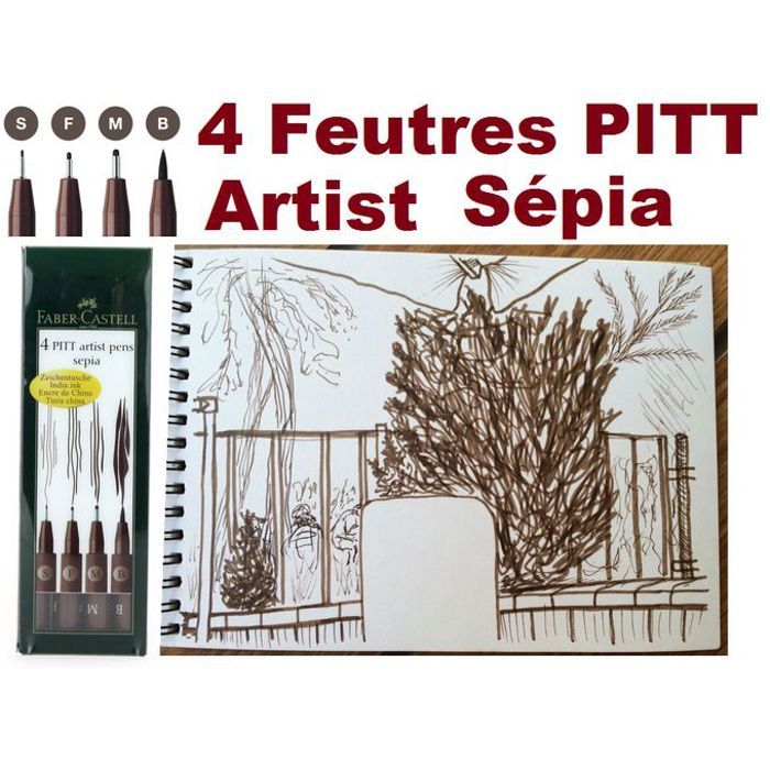 4 feutres PITT ARTIST PEN Sepia Pointes S/F/M/B,Feutre Encre de Chine pigmenté.