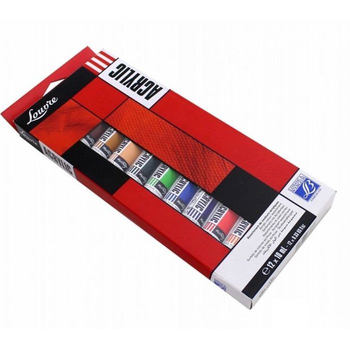 Boite 12 tubes de 10ml peinture acryliques couleurs Louvre