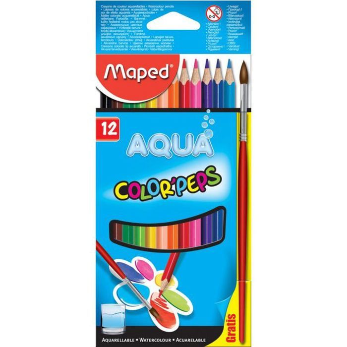 Boite 12 Crayon de couleur aquarellable Color'Peps Aqua + pinceau offert