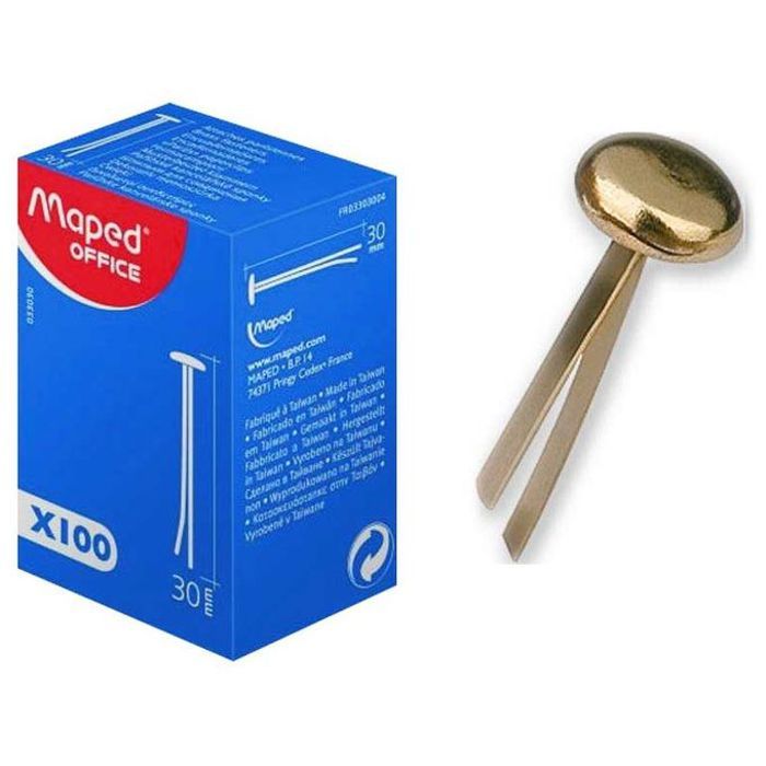 Boîte De 100 Attaches parisiennes à tête ronde, en acier laiton, 30 mm.