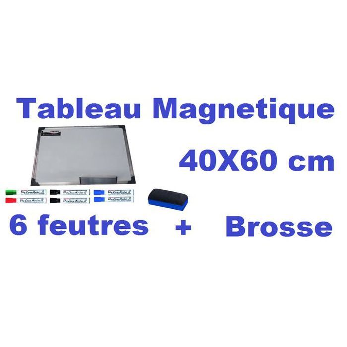 Tableau Magnetique Blanc 40X60 cm + 6 feutres effaçables + Brosse