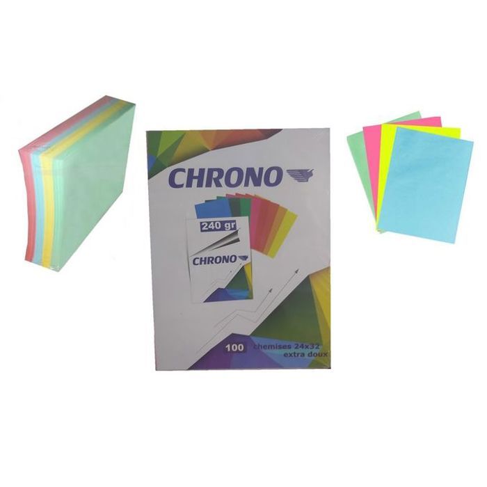 Paquet 100 Chemises cartonnés,Fort & extra doux 240g 24x32cm,4 couleurs assortis