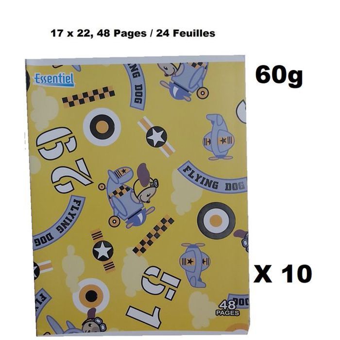 Lot Economique 10 Cahiers piqué 48 pages/24 feuilles,17x22cm,grand carreaux,60g