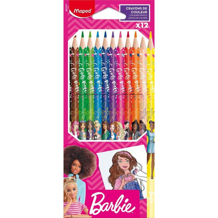 Crayons de couleur - Maped - Barbie - 12 pièces - Couleurs vives - Ergonomiques