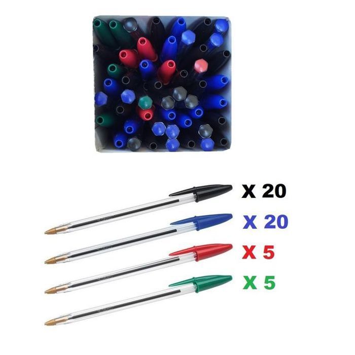 Lot 50 Stylos-Bille Pointe Moyenne (1 mm) .20 bleu, 20 noir, 5 rouge, 5 vert.
