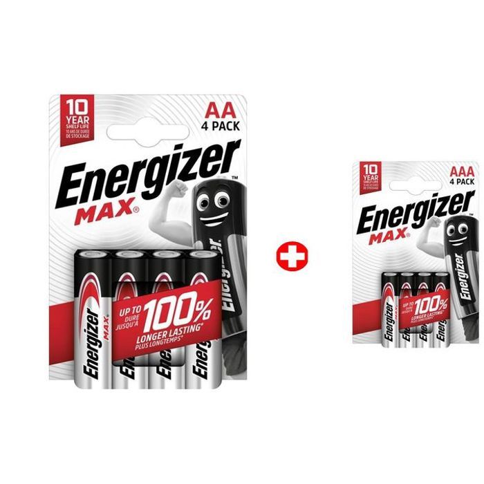 Energizer 2Pack 8 Batteries AA + AAA 1.5v Alcaline Max Pile 1.5volt, Blister 8 unité