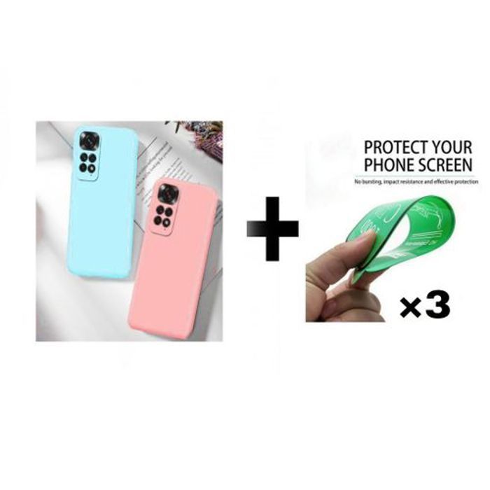 Case Pack : 2 Pochette Xiaomi Note 11 4G Silicone Rose Et Bleu Ciel + 3 Protection Incassable