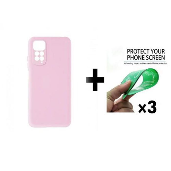 Case Pack : Pochette Redmi Note 11 4G Silicone Souple Rose + 3 Protection Incassable