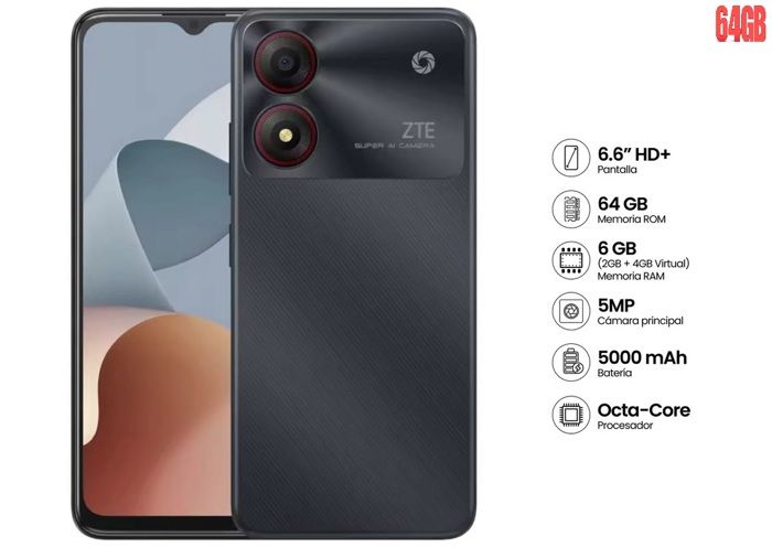 Zte Smartphone 4G 6.6" Gsm-64GB-Ram 8 GB RAM(4Go + 4Go)-A34 Deverrouillage facial