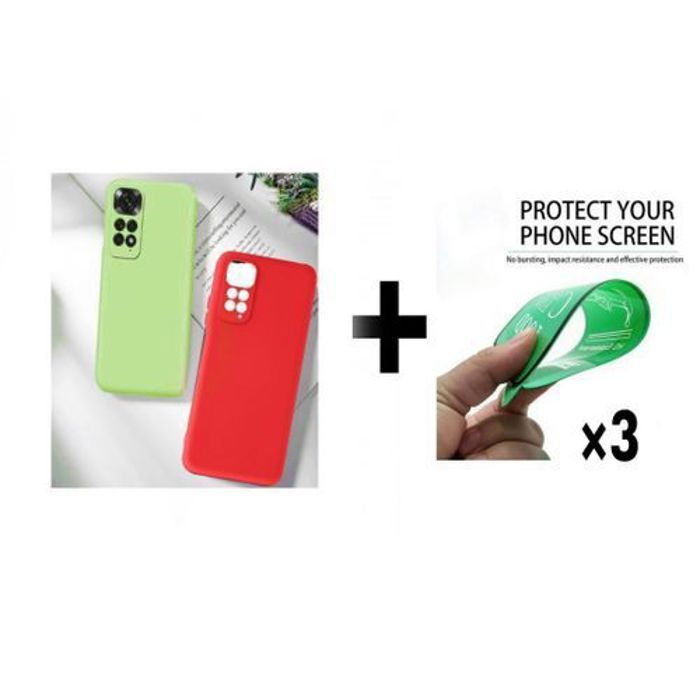 Case Pack : 2 Pochette Xiaomi Poco M4 Pro 4G Silicone Rouge Et Vert + 3 Protection Incassable