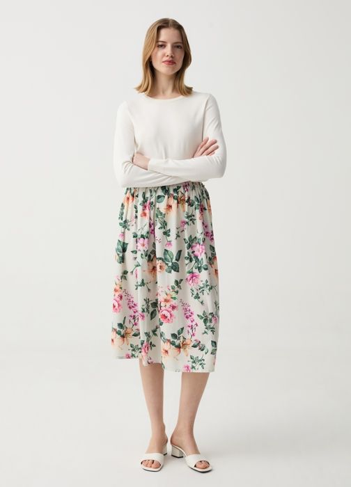 Jupe midi ample en crêpe- Blanc/Rose