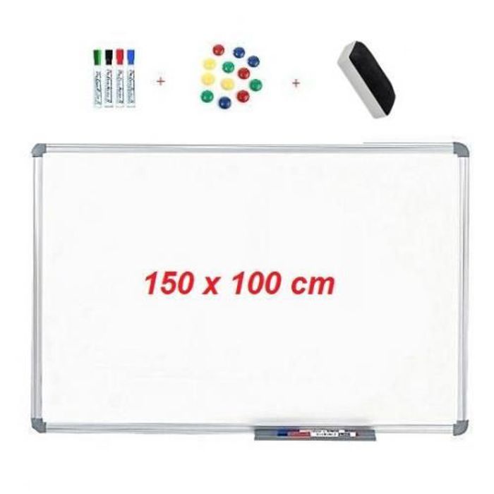 Tableau Magnétique Blanc Grand 150X100 cm+4 feutres effaçables+Brosse+10 aimants