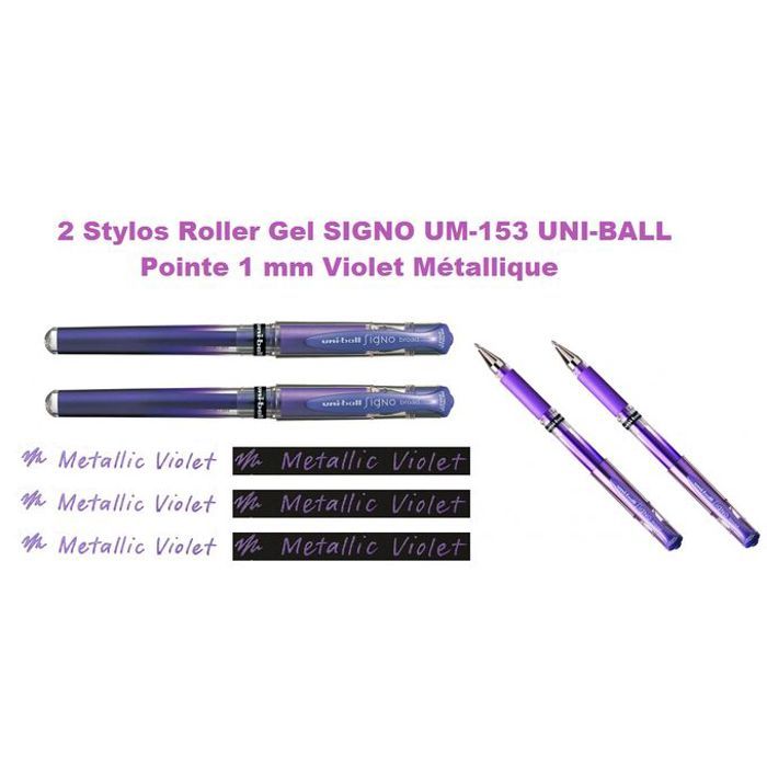 2 Stylos Roller à Gel Violet Métal SIGNO UM-153,Pointe métal 1 mm,Trais 0,65mm