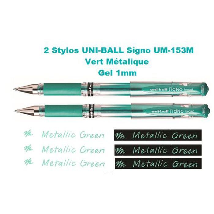 2 Stylos Roller à Gel Vert Métal SIGNO UM-153,Pointe métal 1 mm,Trais 0,65mm