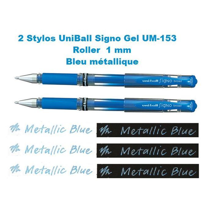 2 Stylos Roller à Bleu Métal SIGNO UM-153,Pointe métal 1 mm,Trais 0,65mm