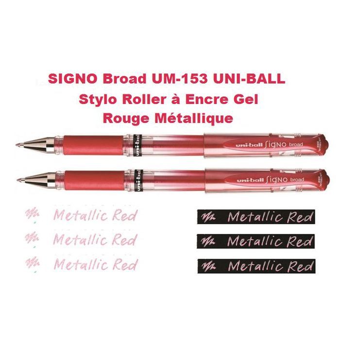 2 Stylos Roller à Gel Rouge Métal SIGNO UM-153,Pointe métal 1 mm,Trais 0,65mm