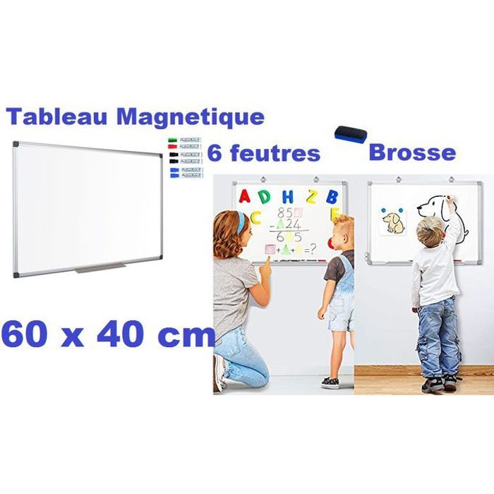 Lot Economique Tableau Magnétique Blanc 60x40 cm + 6 feutres effaçables + Brosse