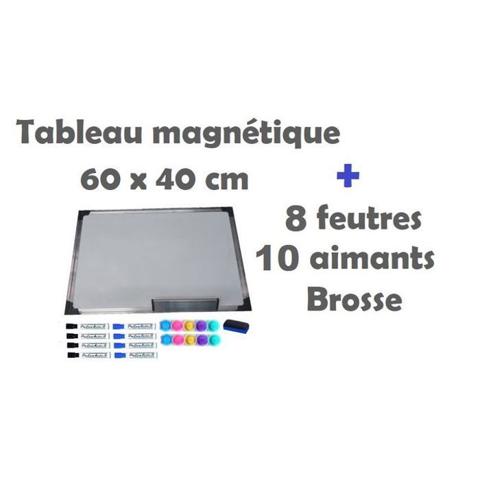 Tableau Magnetique Blanc 40X60 cm + 8 feutres effaçables + 10 aimants + Brosse