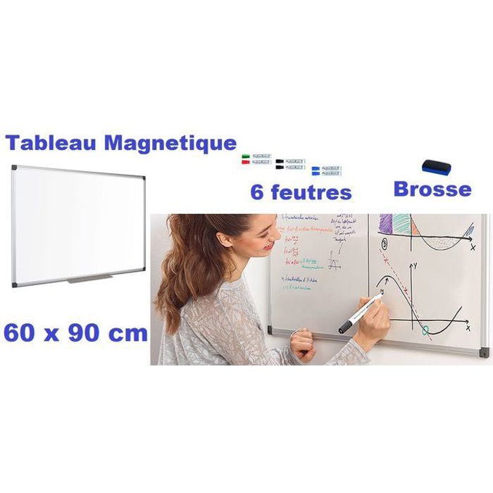 Lot Economique Tableau Magnétique Blanc 60 x 90cm + 6 feutres effaçable + Brosse