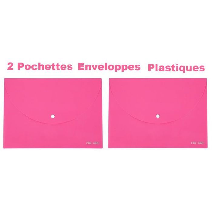 2 Pochettes Enveloppes à Boutons,Plastique,Rose,Pour Documents au format A4.
