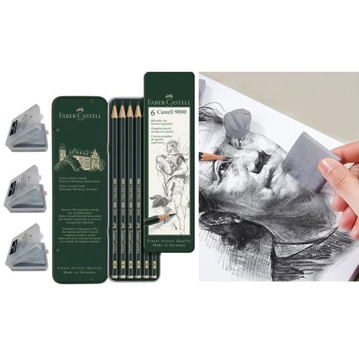 Pack sketch Erase 9000 de 9 Pièces : 6 Crayons Graphite + 3 gommes Art Erase