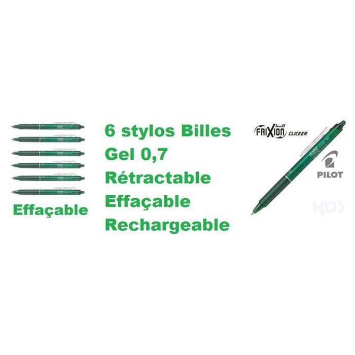 Set 6 stylos billes Vert gel 0,7 rétractable effaçable & rechargeable FRIXION