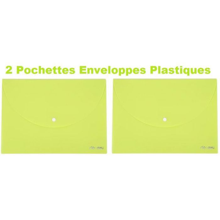 2 Pochettes Enveloppes à Boutons,Plastique,Vert ,Pour Documents au format A4