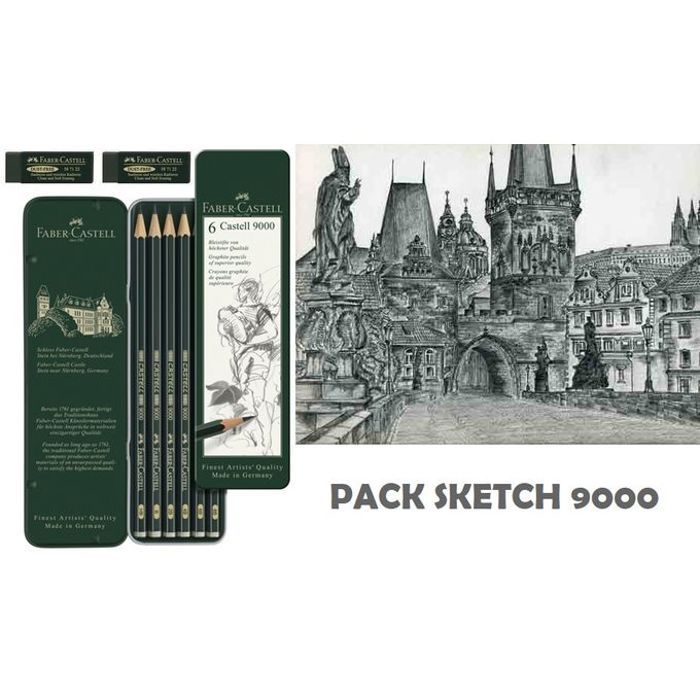 Pack sketch CASTELL 9000 de 8 Pièces : 6 Crayons Graphite + 2 gommes DUST FREE