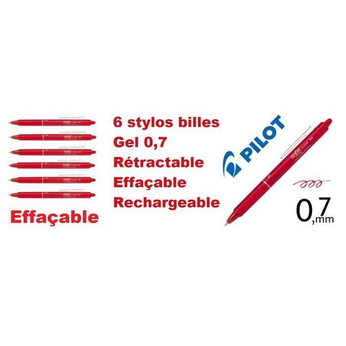 Set 6 stylos billes Rouge gel 0,7 rétractable effaçable & rechargeable FRIXION