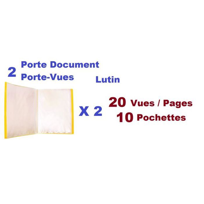 2 Porte-vues Document,Lutin En Polypropylène,Souple,Ouverture 180°,20 Vues,Jaune