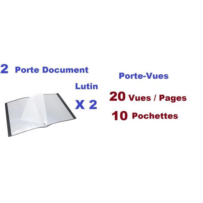 2 Porte-vues Document,Lutin En Polypropylène,Souple,Ouverture 180°,20 Vues,Noir
