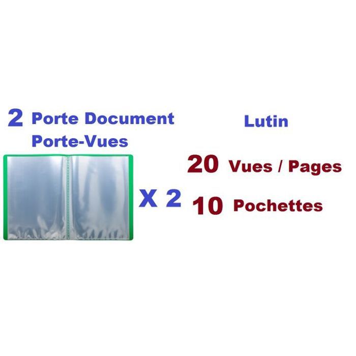 2 Porte-vues Document,Lutin En Polypropylène,Souple,Ouverture 180°,20 Vues,Vert