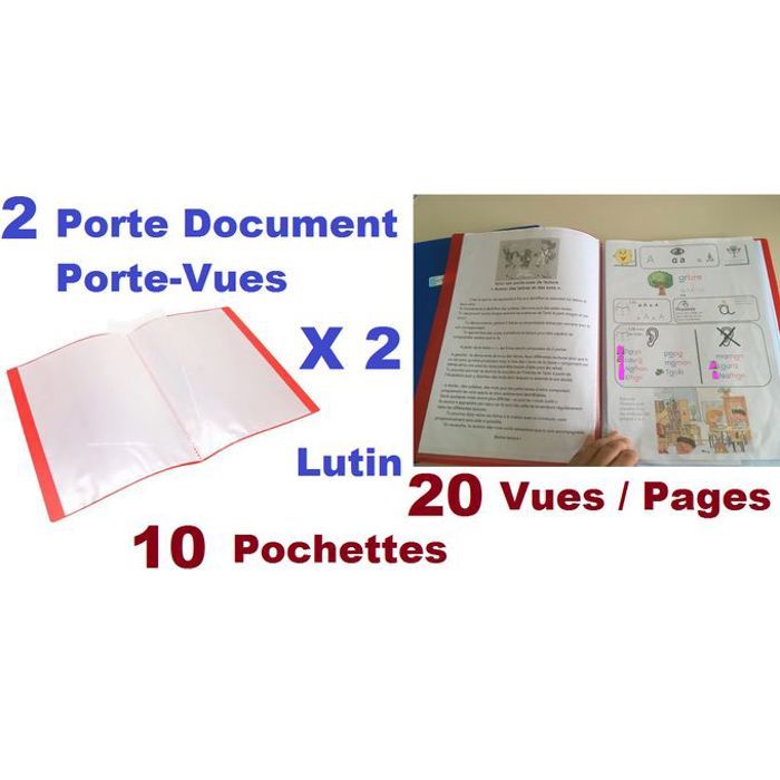 2 Porte-vues Document,Lutin En Polypropylène,Souple,Ouverture 180°,20 Vues,Rouge