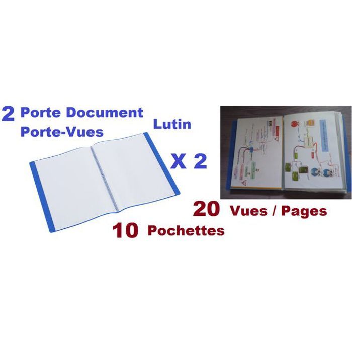 2 Porte-vues Document,Lutin En Polypropylène,Souple,Ouverture 180°,20 Vues,Bleu
