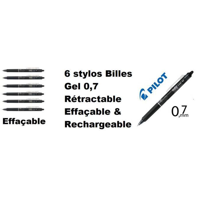 Set 6 stylos billes Noir gel 0,7 rétractable effaçable & rechargeable FRIXION