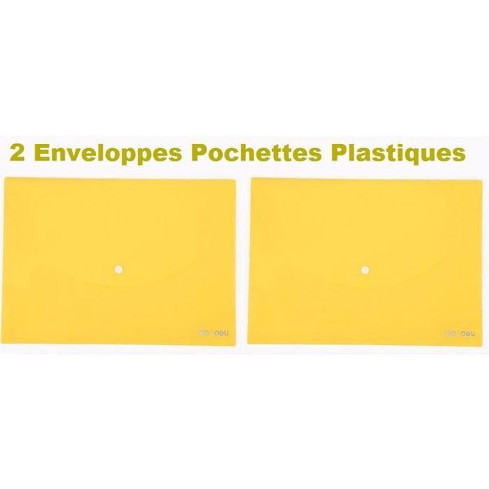 2 Pochettes Enveloppes à Boutons,Plastique,Jaune,Pour Documents au format A4.