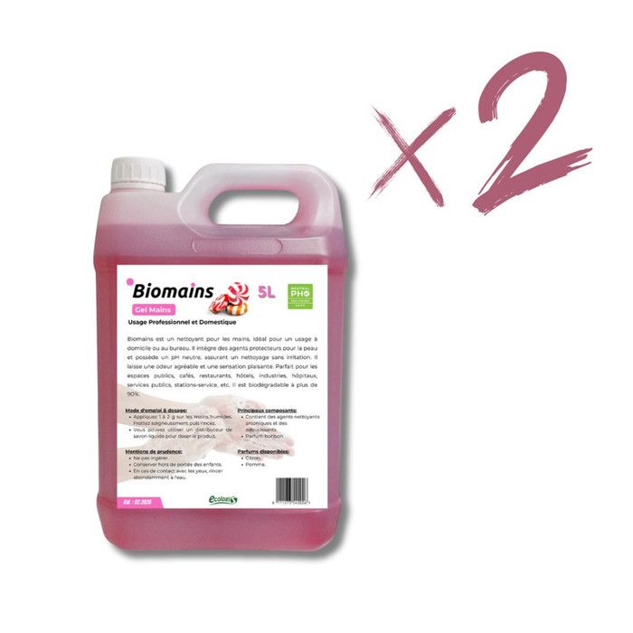 Gel pour l'hygiène des mains - Biomains - 5L - Hypoallergénique - Parfum bonbon - 2 Bidons
