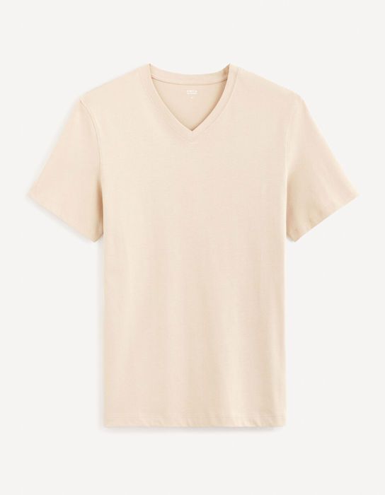 T-shirt - Non spécifié - Col V - 100% coton - Manches courtes - Beige