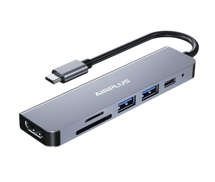 Adaptateur USB-C Multiport 6-En-1 - Airplus - HDMI 4K - Alimentation 87W - 2 Ports USB 3.0 - Lecteurs SD/TF