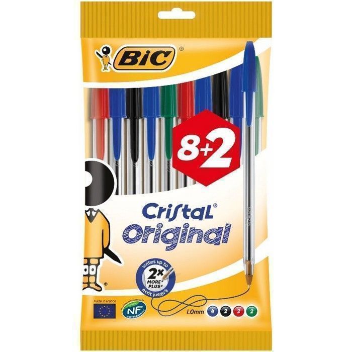 Stylos BIC - Lot de 10 - Assortiment de Couleurs - Pointe Moyenne - Écriture Fluide - Non Rechargeable