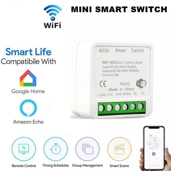 Mini Smart switch Mini Commutateur WiFi 16A 2 voies Relais minuterie fonctionne avec alexa Google Home
