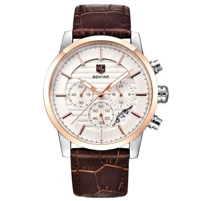 Montre Benyar Bracelet En Cuir Marron Quartz Pour Hommes Etanche Chronographe