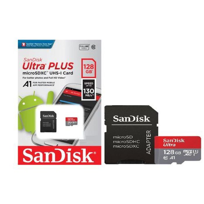 Sandisk Carte Memoire 128Gb Ultra Plus microSDXC A1+Adaptateur SD Vitesses 130Mb/s