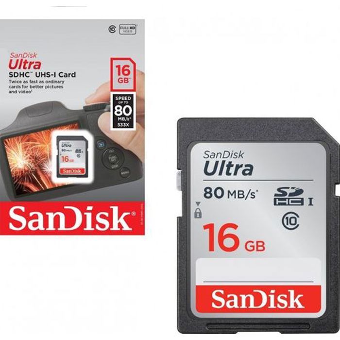 sandisk Carte memoire 16GB Full HD Ultra SDHC classe 10 -UHS-I Fast Speed 80 Mb / s